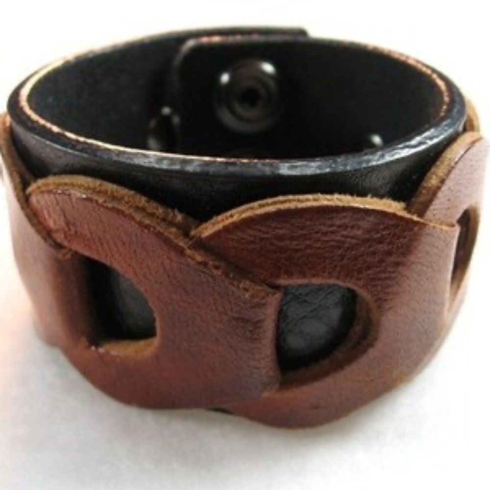 Black and Brown Leather Wrist Cuff - Upcycled - Medium